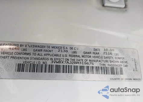 2011 Volkswagen Jetta 2.5L Se из США, поврежденный, VIN 3VWBX7AJ2BM319675